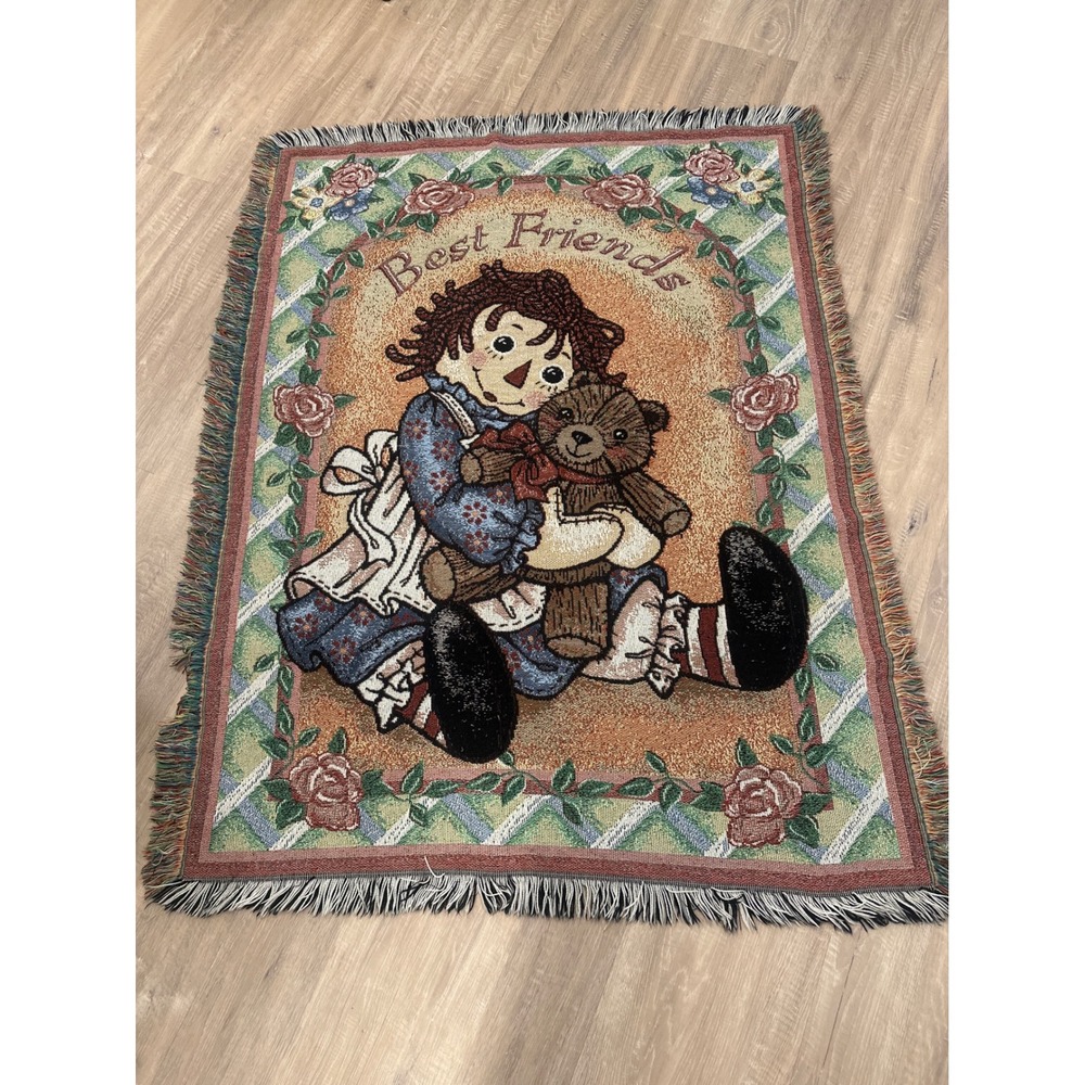 Vintage Raggedy Ann Best Friends Woven Tapestry Throw Blanket USA 56x40 90's